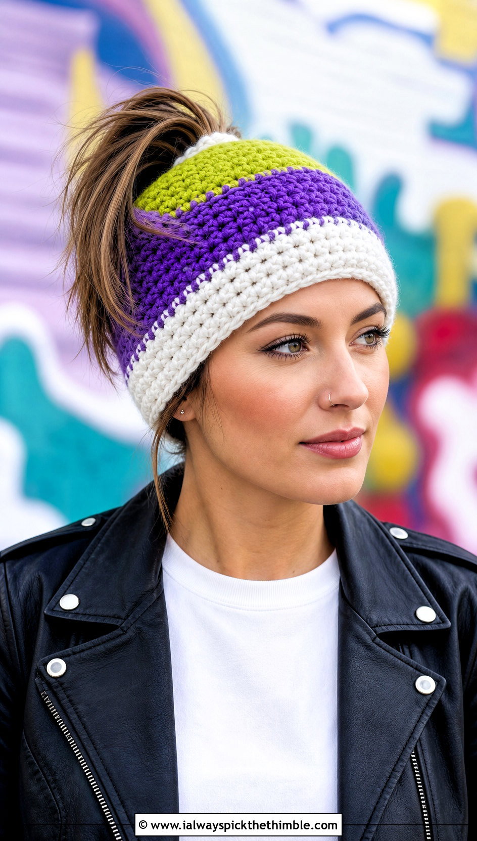 Color Block Messy Bun Crochet Hat With Moto Jacket - 20 Messy Bun Crochet Hat outfit ideas