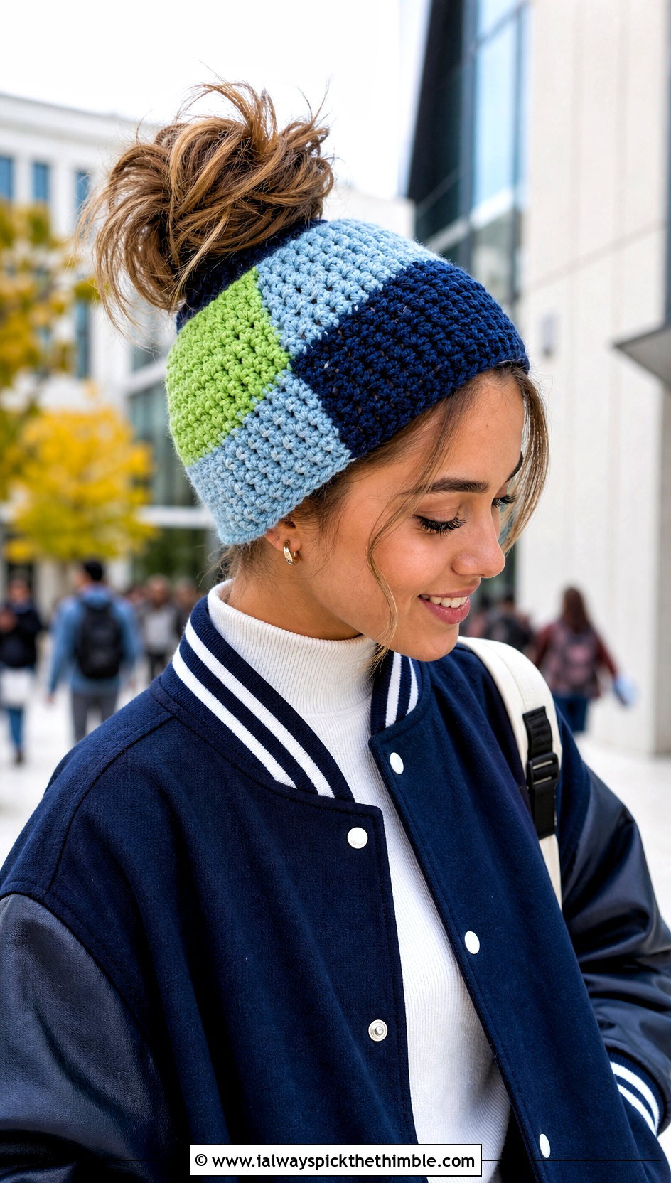 Color Block Messy Bun Crochet Hat With Varsity Jacket - 20 messy bun crochet hat with hair tie outfit ideas