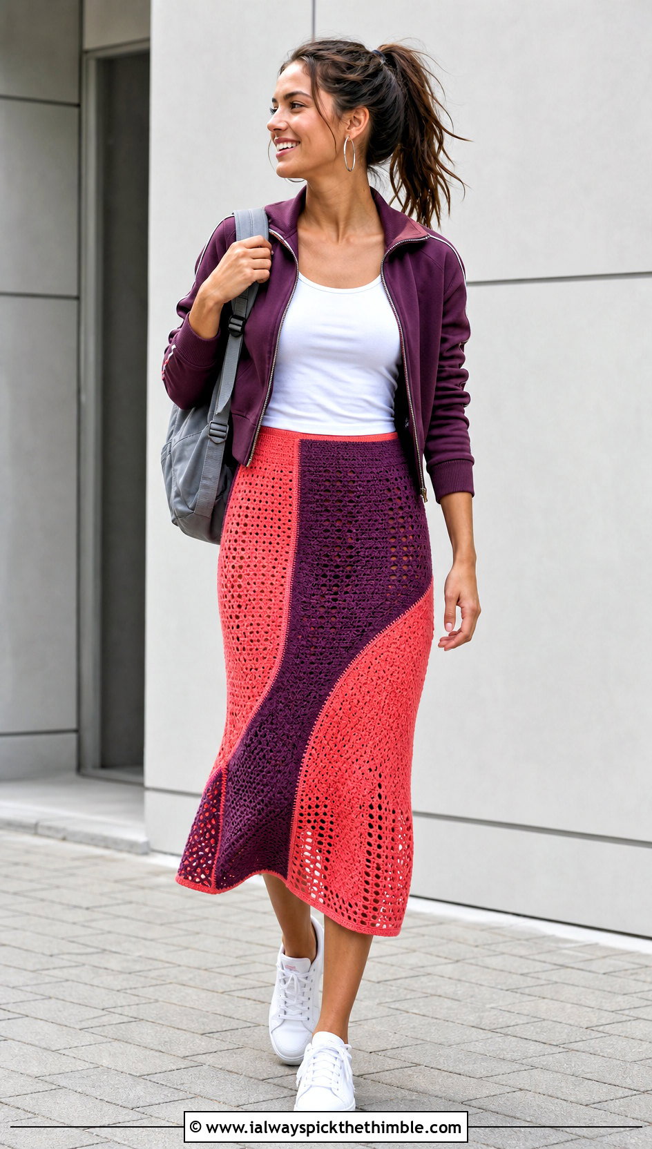 Color Block Midi Crochet Skirt With Track Jacket - 20 midi crochet skirt outfit ideas