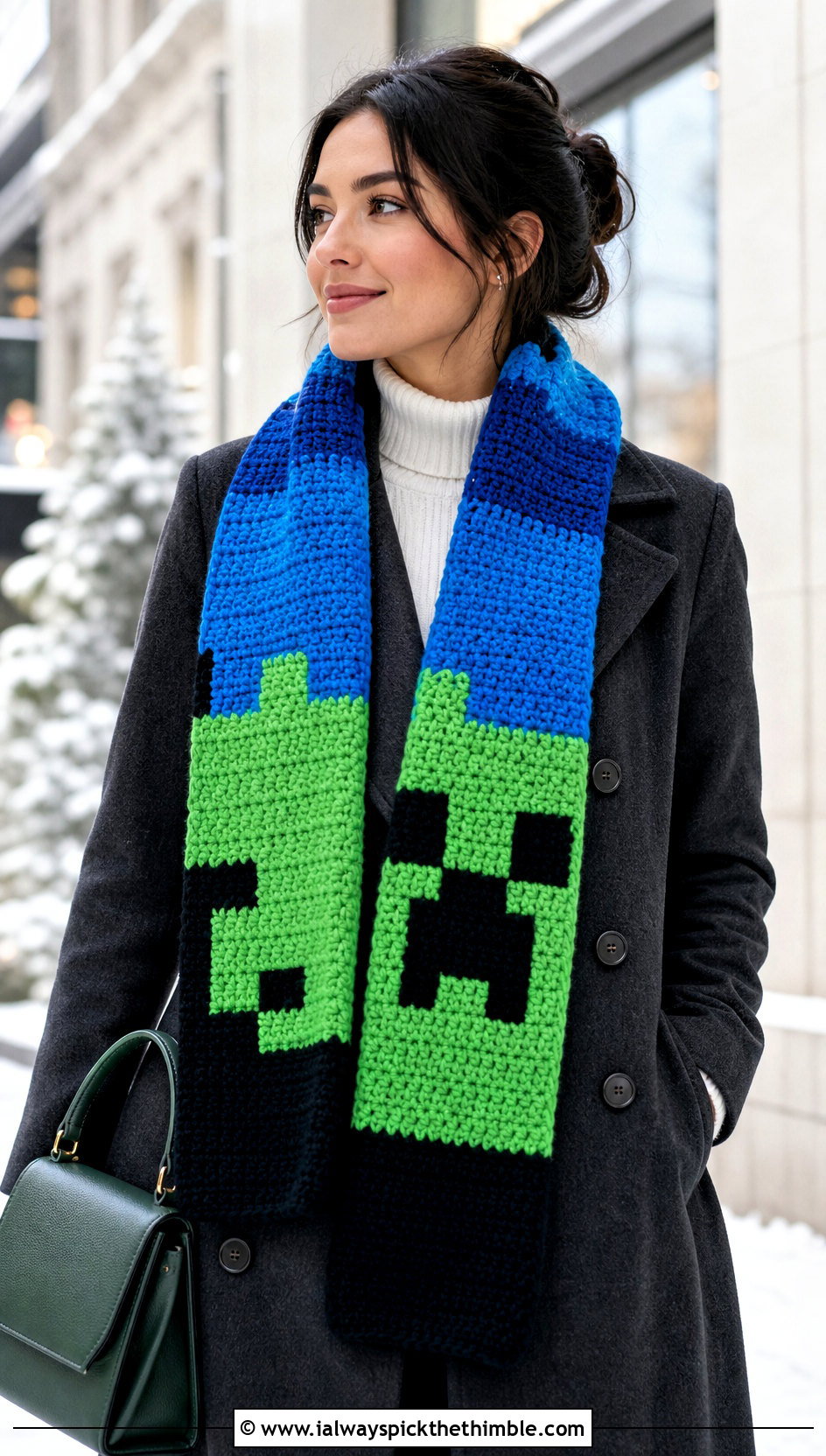 Color Block Minecraft Creeper Crochet Scarf With Peacoat And Tailored Pants - 15 minecraft creeper crochet scarf outfit ideas