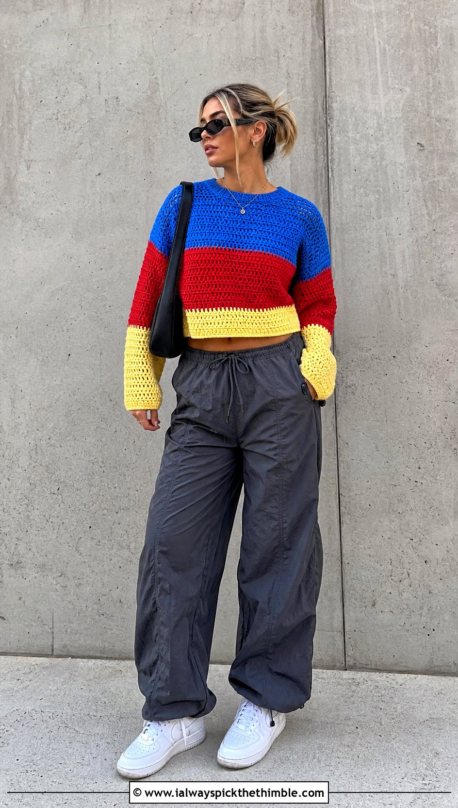 Color Block Mock Knit Crochet Sweater With Parachute Pants - 15 Mock Knit Crochet Sweater outfit ideas