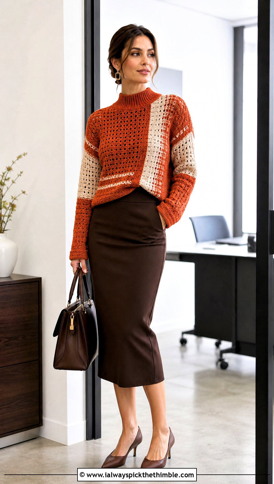 Color Block Mock Neck Crochet Cotton Sweater With Pencil Skirt - 20 Crochet Cotton Sweater outfit ideas