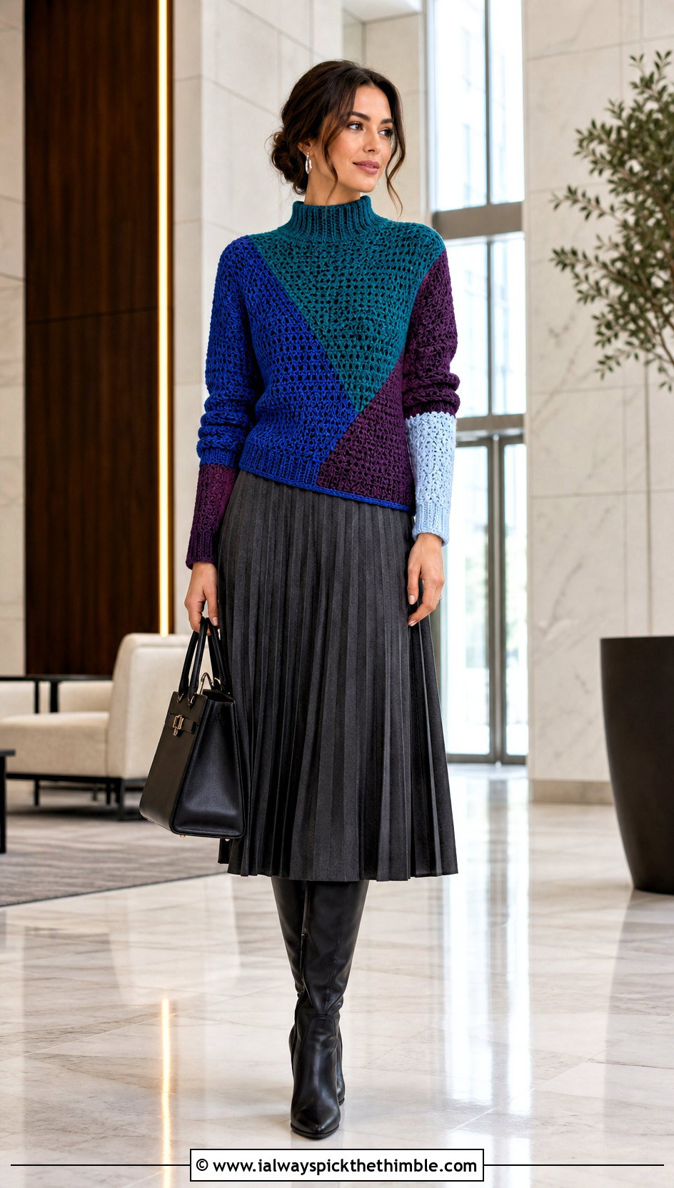 Color Block Mock Neck Crochet Sweater With Pleated Skirt - 20 Colorful Crochet Sweater Ideas