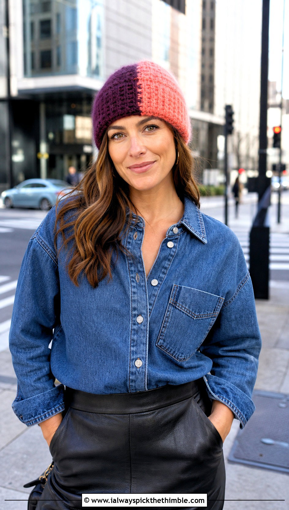 Color Block Mohair Crochet Beanie With Denim Shirt And Leather Skirt - 25 Mohair Crochet Hat outfit ideas