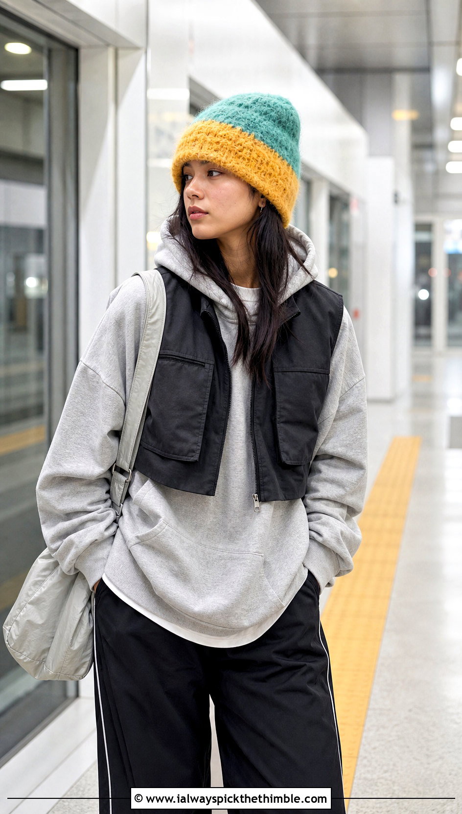 Color Block Mohair Crochet Beanie With Hoodie And Track Pants - 25 mohair crochet beanie outfit ideas
