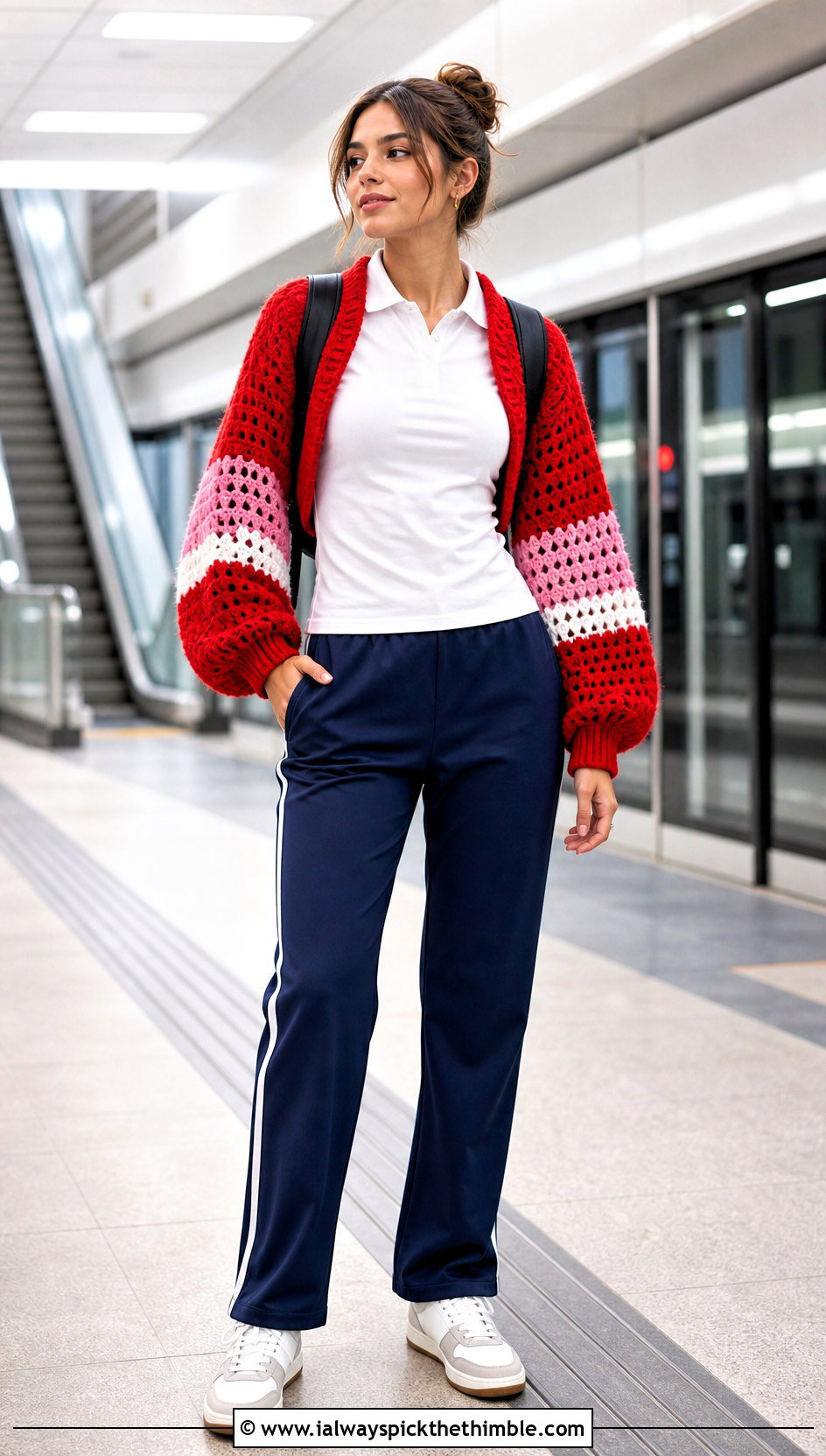 Color Block Mohair Crochet Shrug With Track Pants - 20 mohair crochet shrug outfit ideas