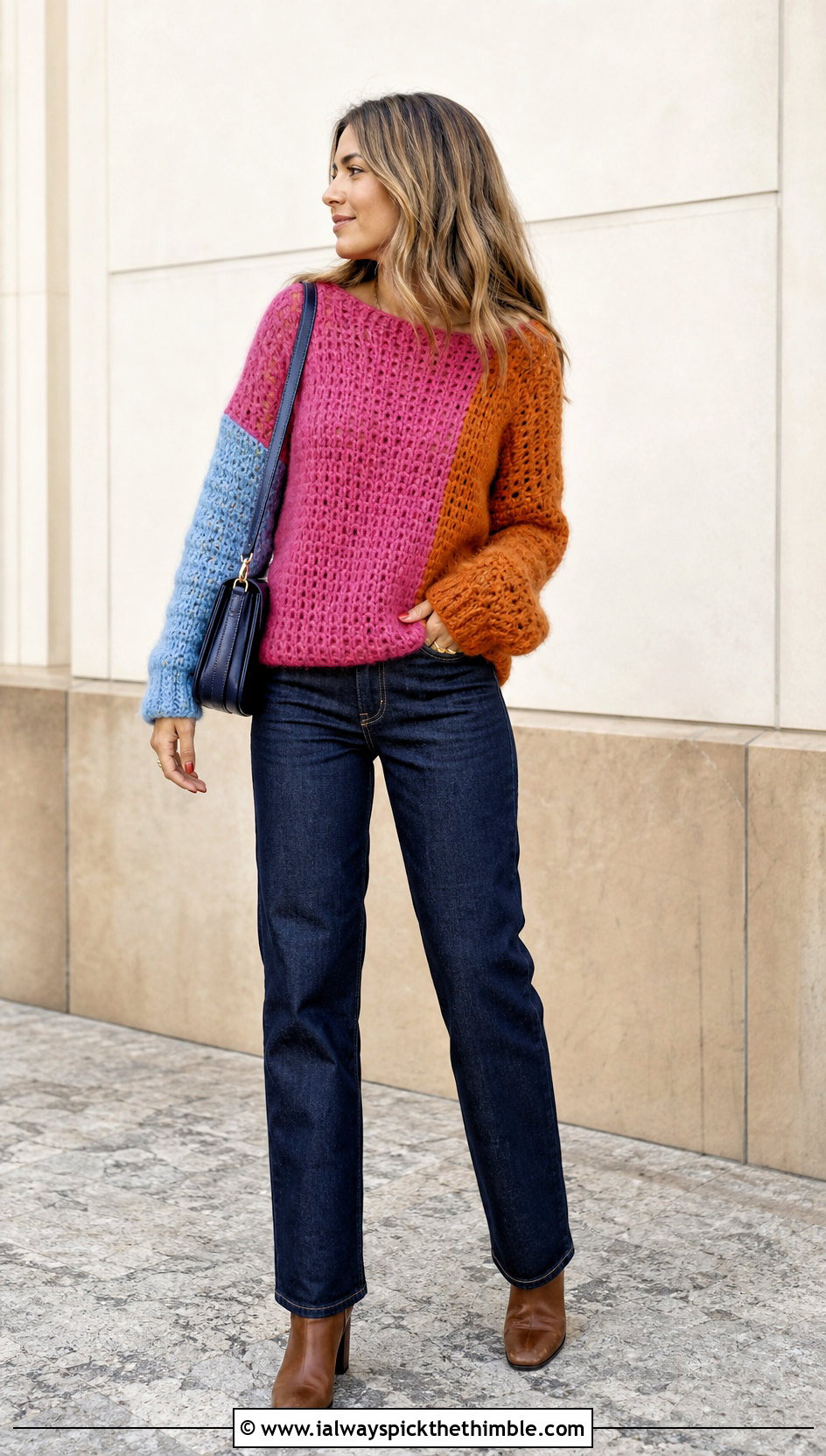 Color Block Mohair Crochet Sweater With Dark Denim - 25 mohair crochet sweater outfit ideas
