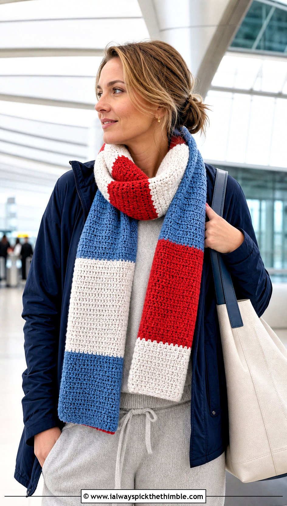 Color Block Mosaic Crochet Scarf With Airport Outfit - 20 Mosaic Crochet Scarf outfit ideas