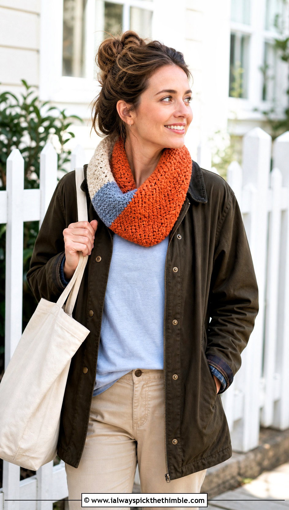 Color Block Moss Stitch Crochet Cowl With Barn Jacket And Chinos - 15 Moss Stitch Crochet Cowl outfit ideas