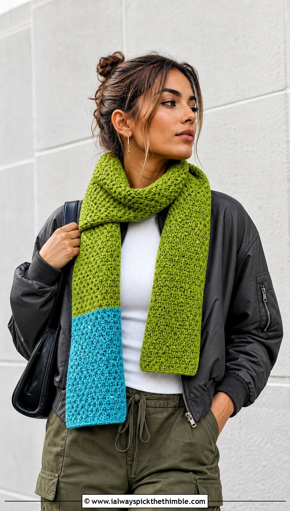 Color Block Moss Stitch Crochet Scarf With Bomber Jacket And Cargo Pants - 20 Moss Stitch Crochet Scarf outfit ideas