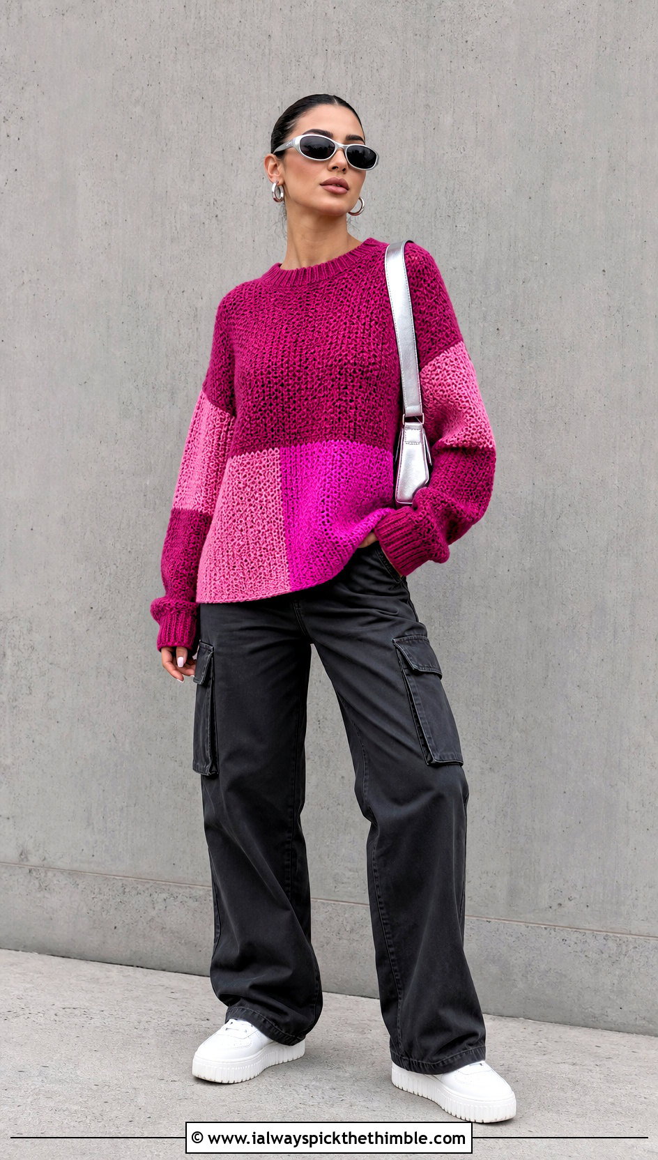 Color Block Moss Stitch Crochet Sweater With Cargo Pants - 20 Moss Stitch Crochet Sweater outfit ideas