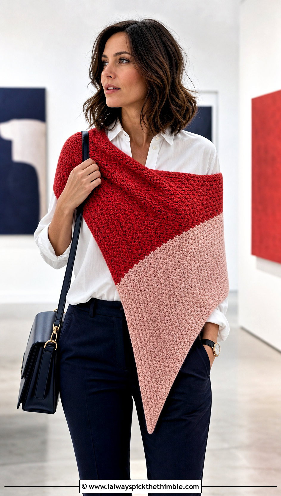 Color Block Moss Stitch Shawl With A White Button Down - 20 Crochet Moss Stitch Shawl outfit ideas