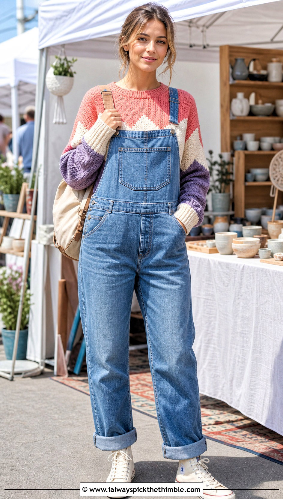 Color Block Mountain Peak Sweater With Overalls - 15 Crochet Mountain Sweater outfit ideas
