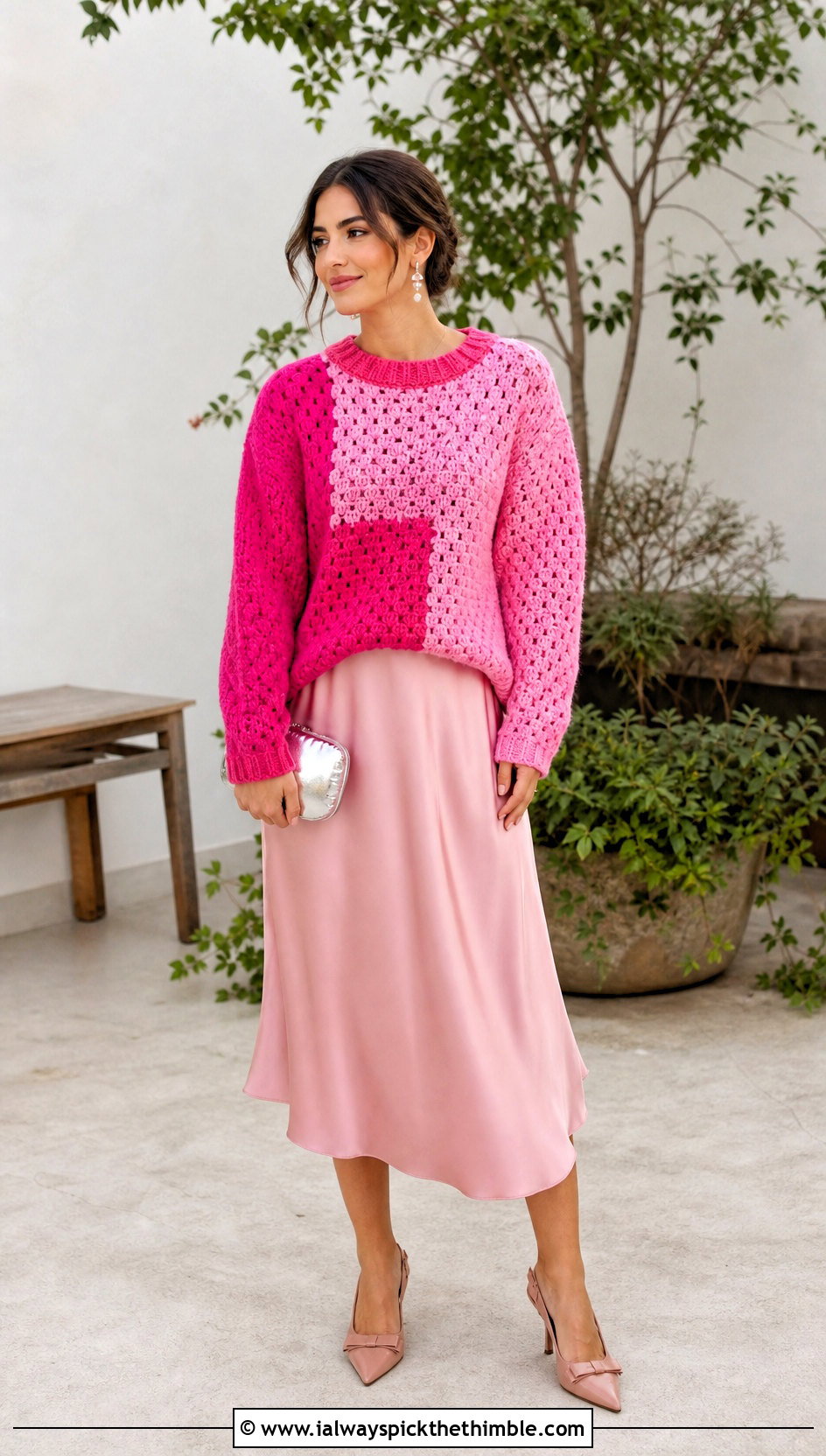 Color Block Norm Thompson Crochet Sweater With Satin Midi Skirt - 15 Norm Thompson Crochet Sweater outfit ideas