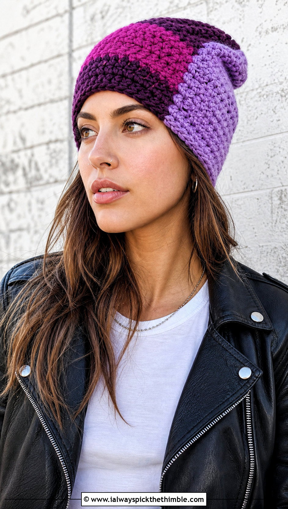 Color Block One Hour Crochet Beanie With A Leather Jacket - 20 One Hour Crochet Hat outfit ideas