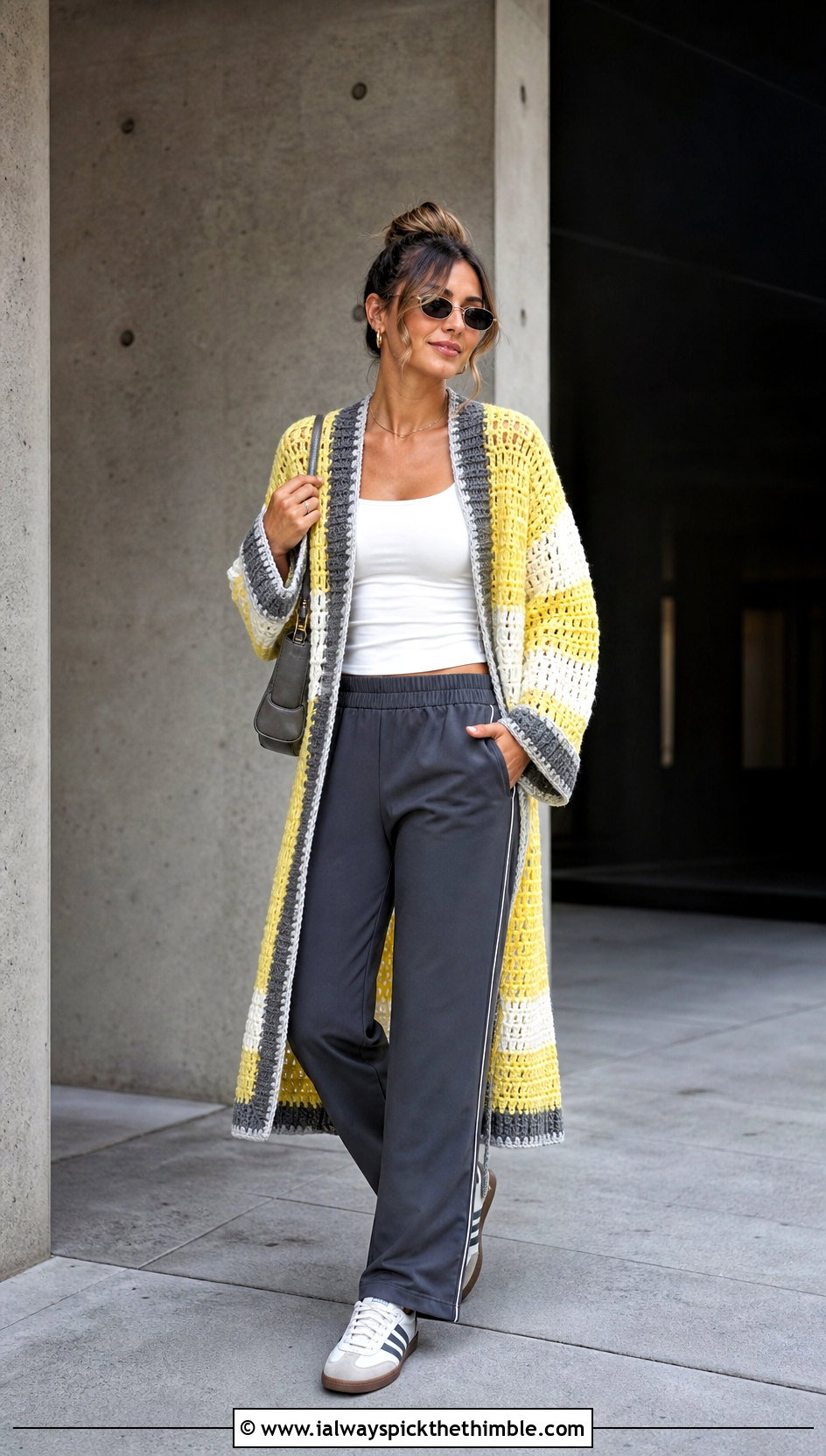Color Block One Piece Crochet Cardigan With Track Pants - 25 one piece crochet cardigan outfit ideas