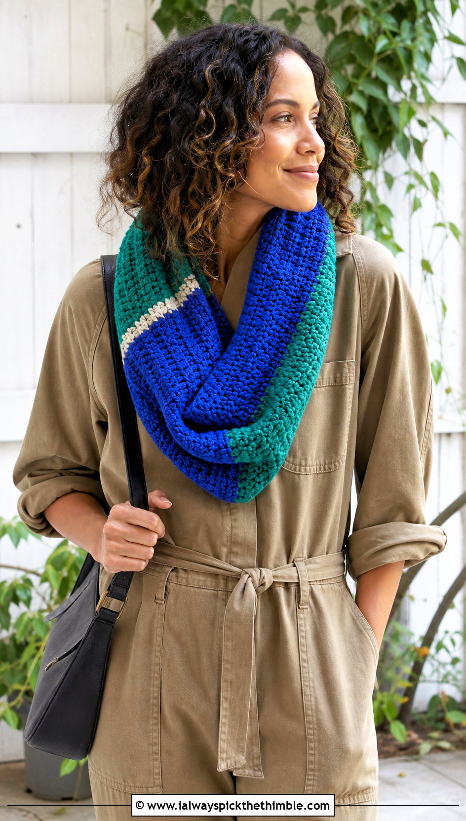 Color Block One Skein Crochet Infinity Scarf With Utility Jumpsuit - 15 One Skein Crochet Infinity Scarf outfit ideas