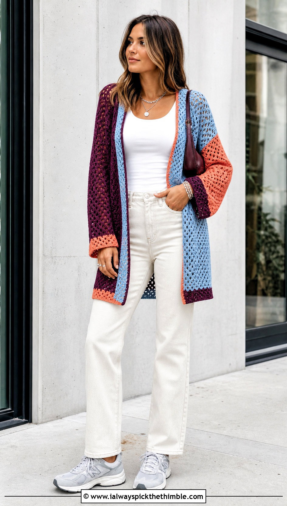 Color Block Openwork Cardigan With White Denim - 25 crochet lace cardigan outfit ideas