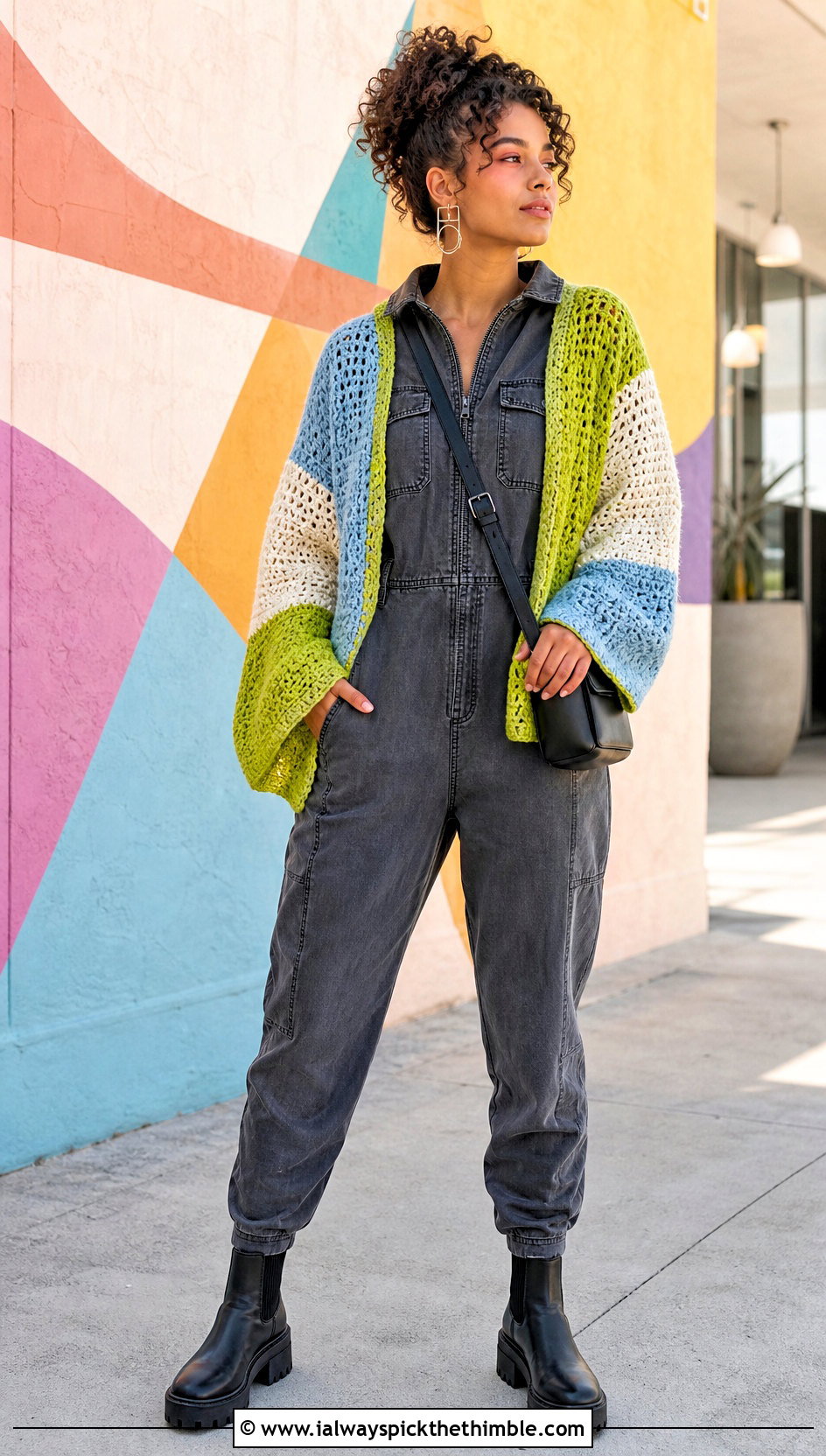 Color Block Oversize Crochet Sweater With Utility Jumpsuit - 15 Oversize Crochet Sweater outfit ideas