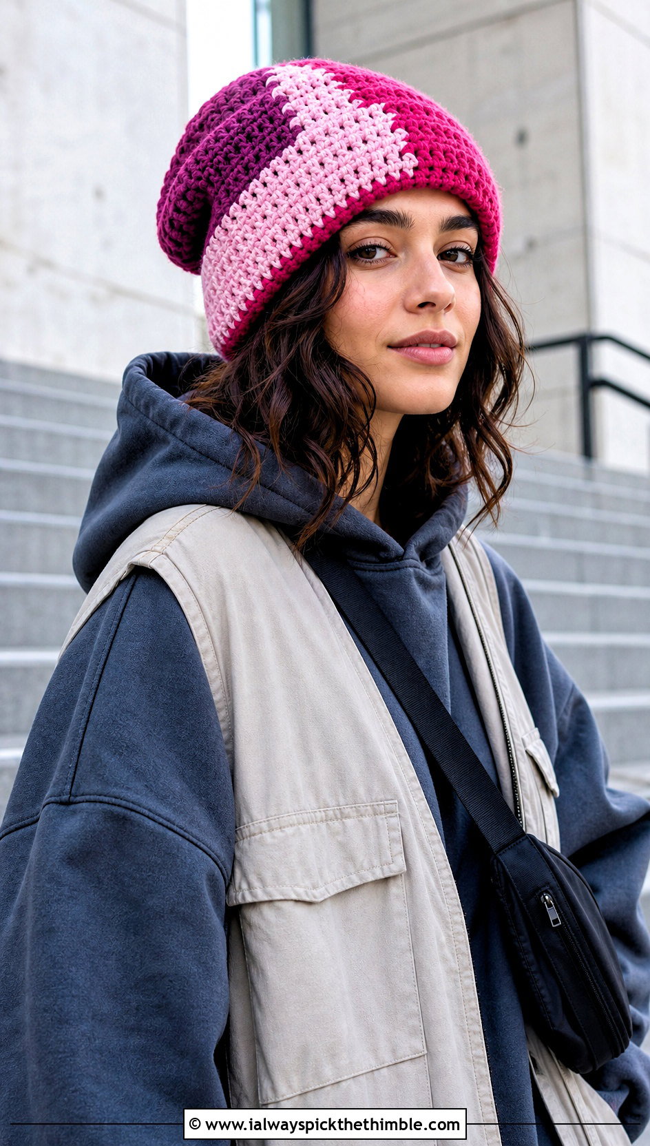 Color Block Oversized Crochet Beanie With Hoodie And Parachute Pants - 15 large crochet beanie outfit ideas