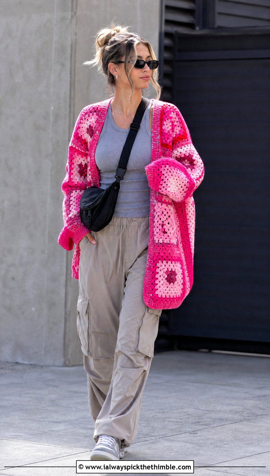Color Block Oversized Patchwork Crochet Cardigan With Cargo Pants - 15 oversized patchwork crochet cardigan outfit ideas