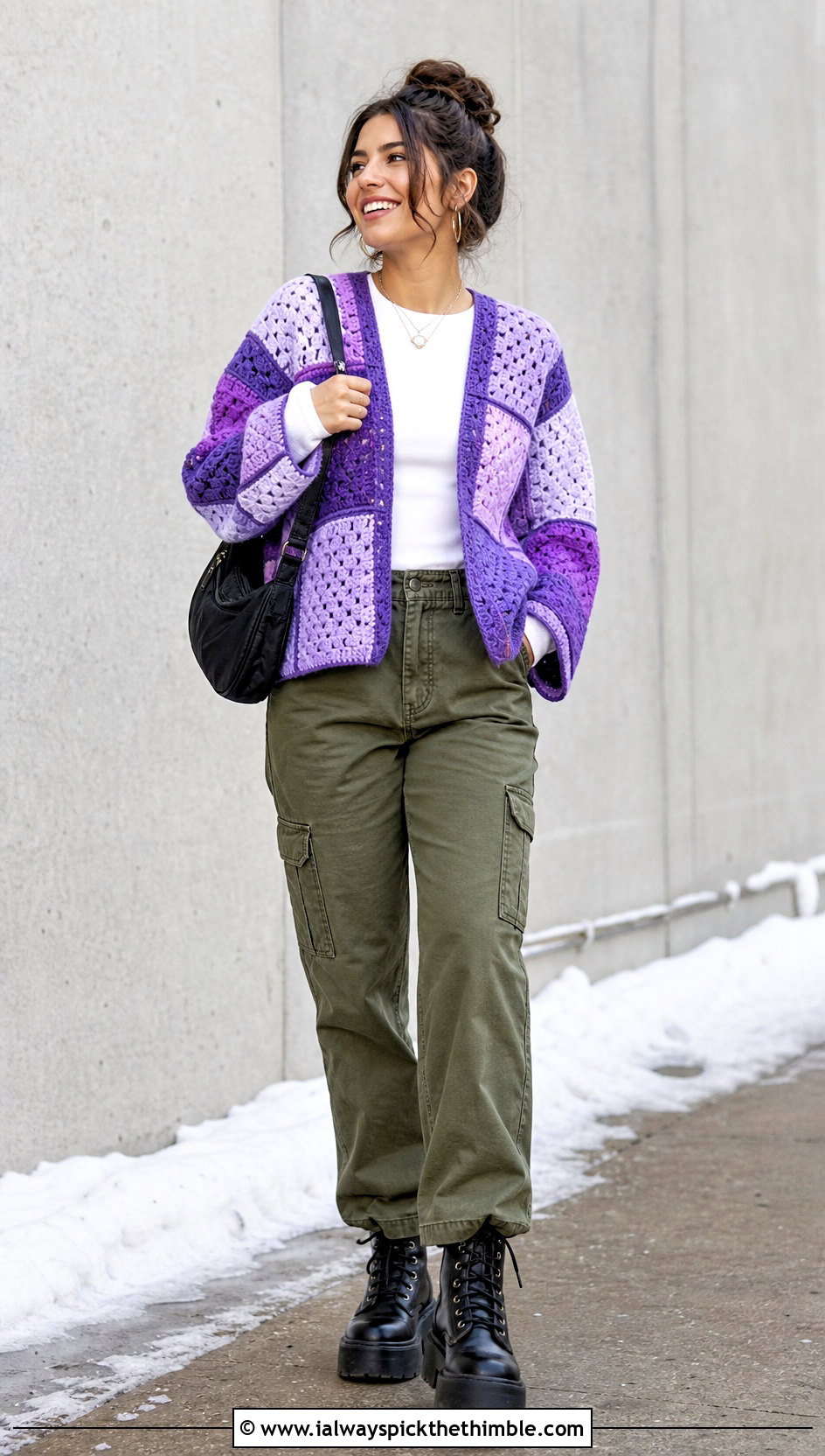 Color Block Patchwork Crochet Cardigan With Cargo Pants - 20 crochet winter cardigan outfit ideas