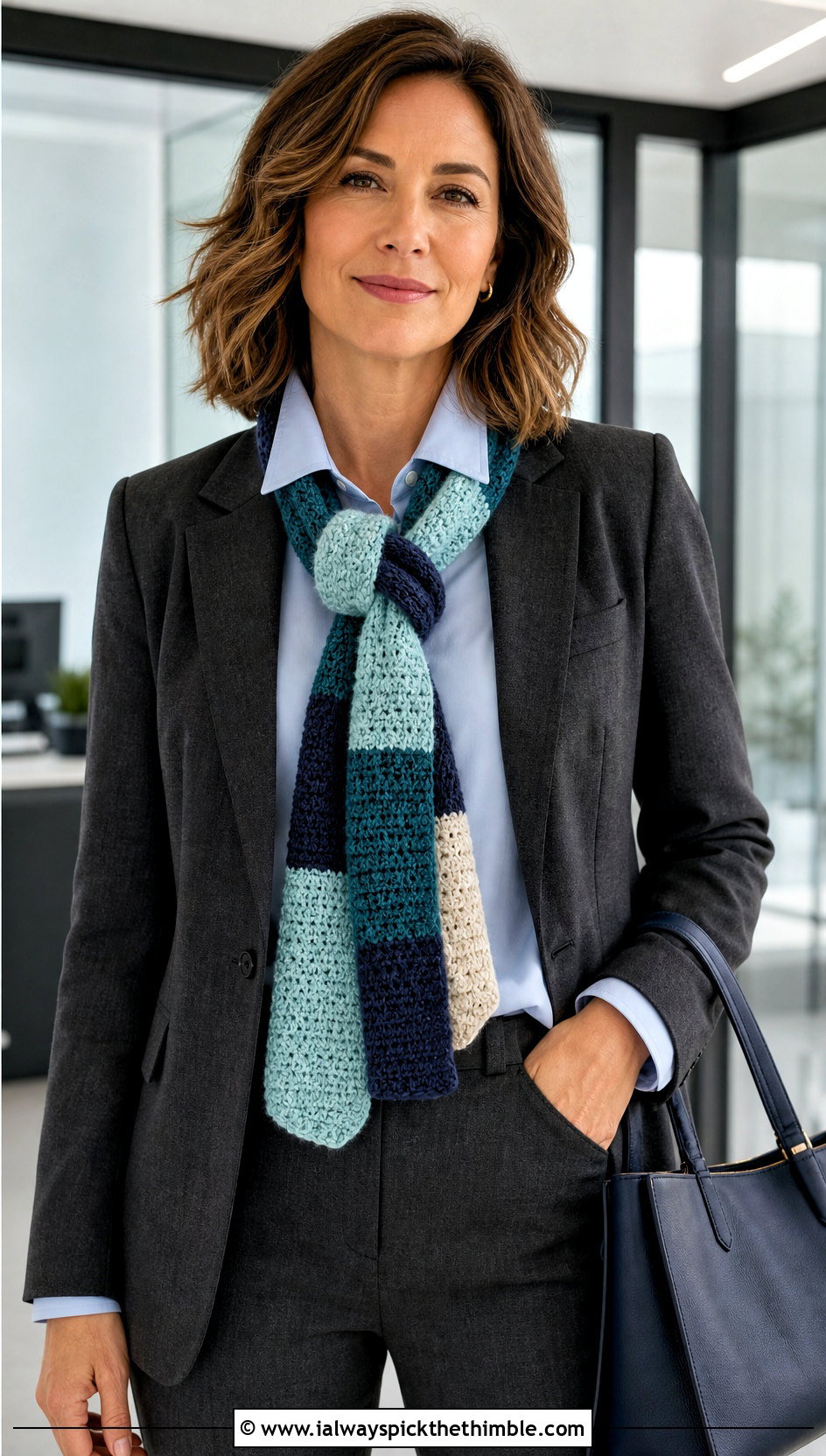 Color Block Patchwork Crochet Scarf With Blazer And Trousers - 15 Patchwork Crochet Scarf outfit ideas