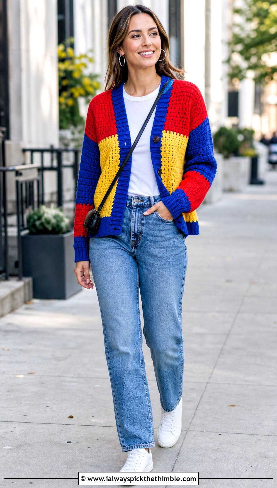 Color Block Patchwork Harry Styles Cardigan With Straight Leg Jeans - 15 Crocheting Harry Styles Cardigan outfit ideas