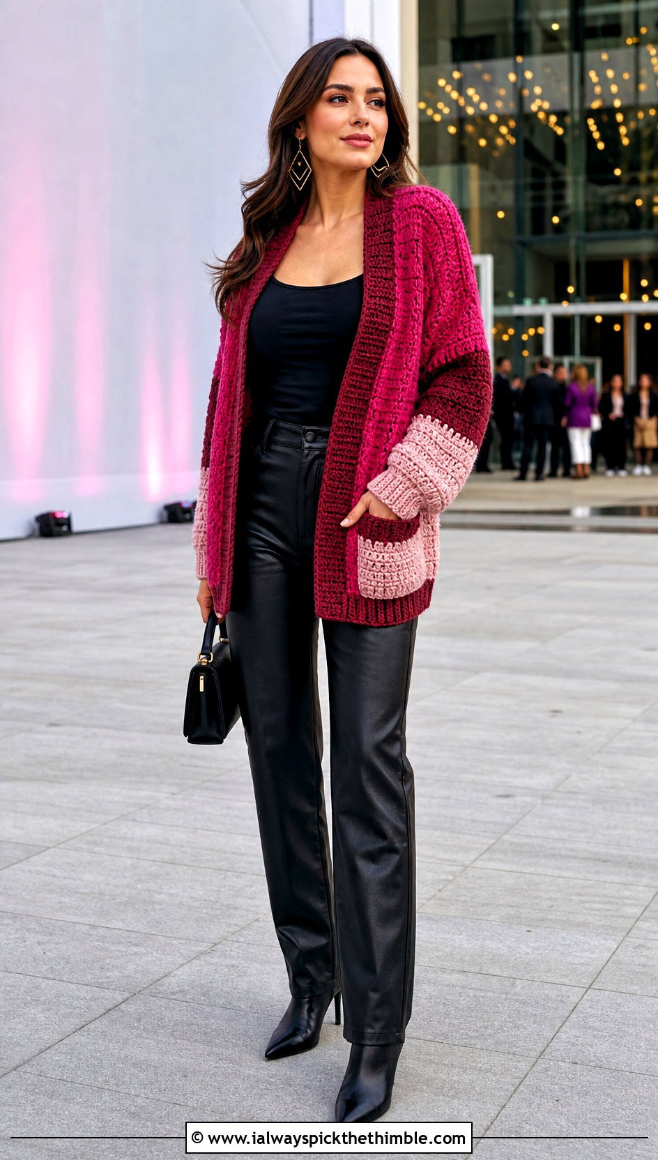 Color Block Pocket Crochet Cardigan With Leather Pants - 25 crochet cardigan with pockets outfit ideas