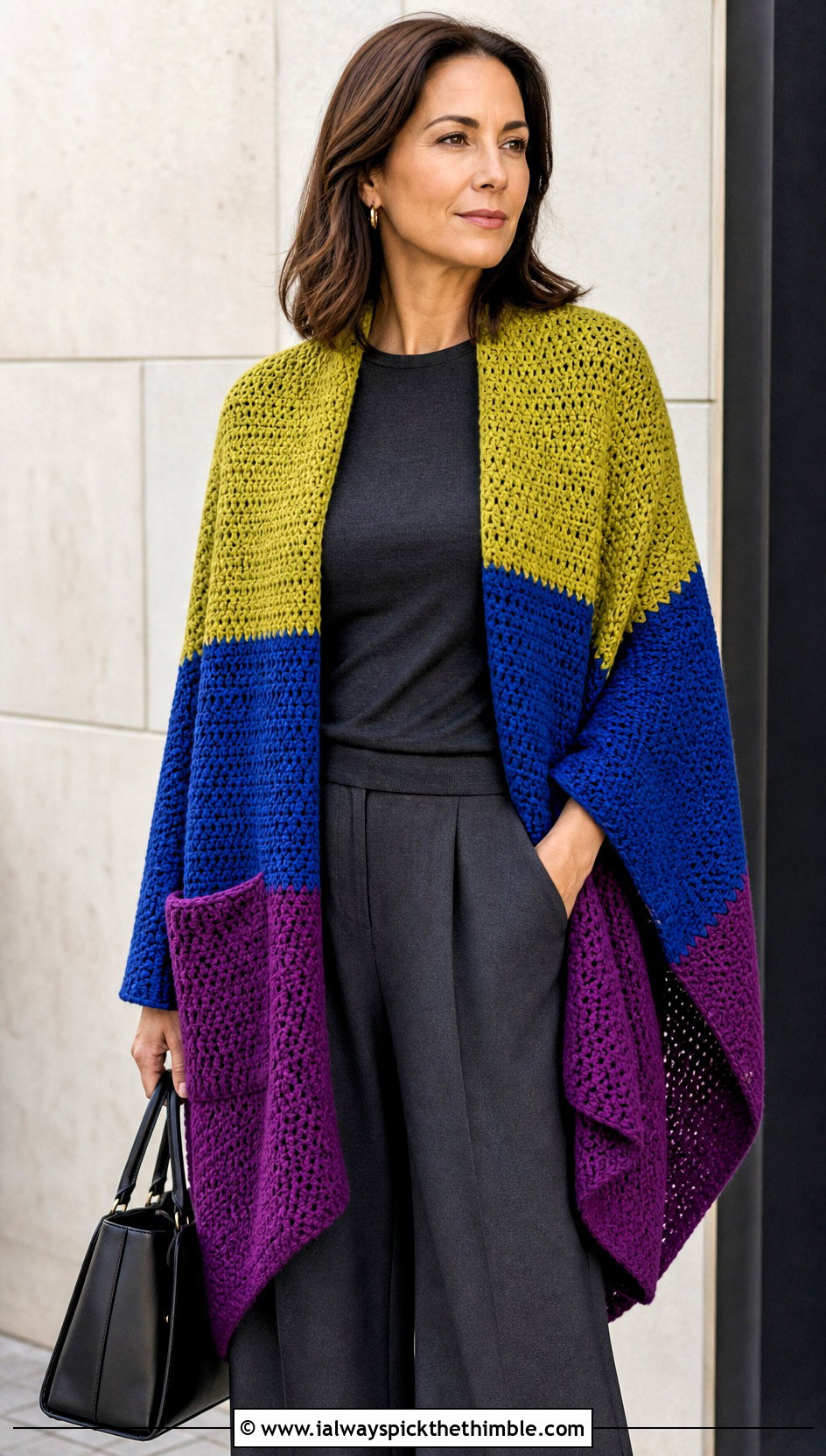Color Block Pocket Crochet Shawl With Monochrome Outfit - 15 Pocket Crochet Shawl outfit ideas