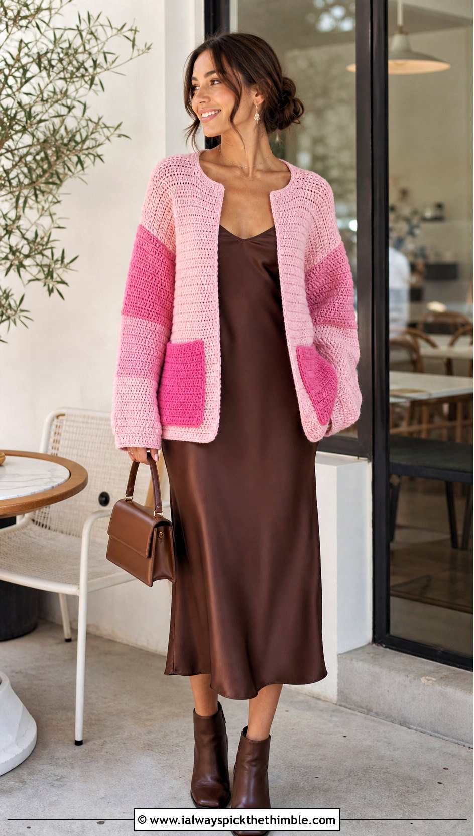 Color Block Pocket Raglan Crochet Sweater With Slip Dress - 15 pocket raglan crochet sweater outfit ideas