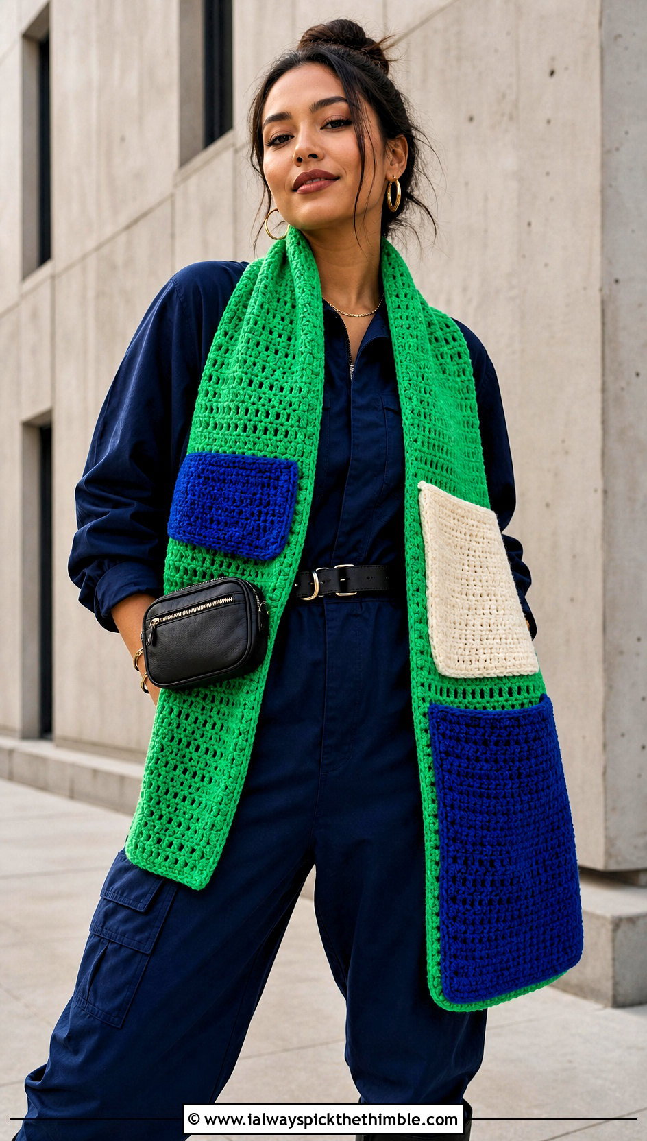 Color Block Pocket Scarf With Utility Jumpsuit - 20 crochet pocket scarves outfit ideas