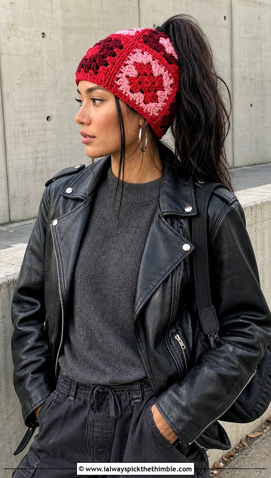 Color Block Ponytail Crochet Beanie With Leather Jacket - 20 crochet beanie with ponytail hole outfit ideas