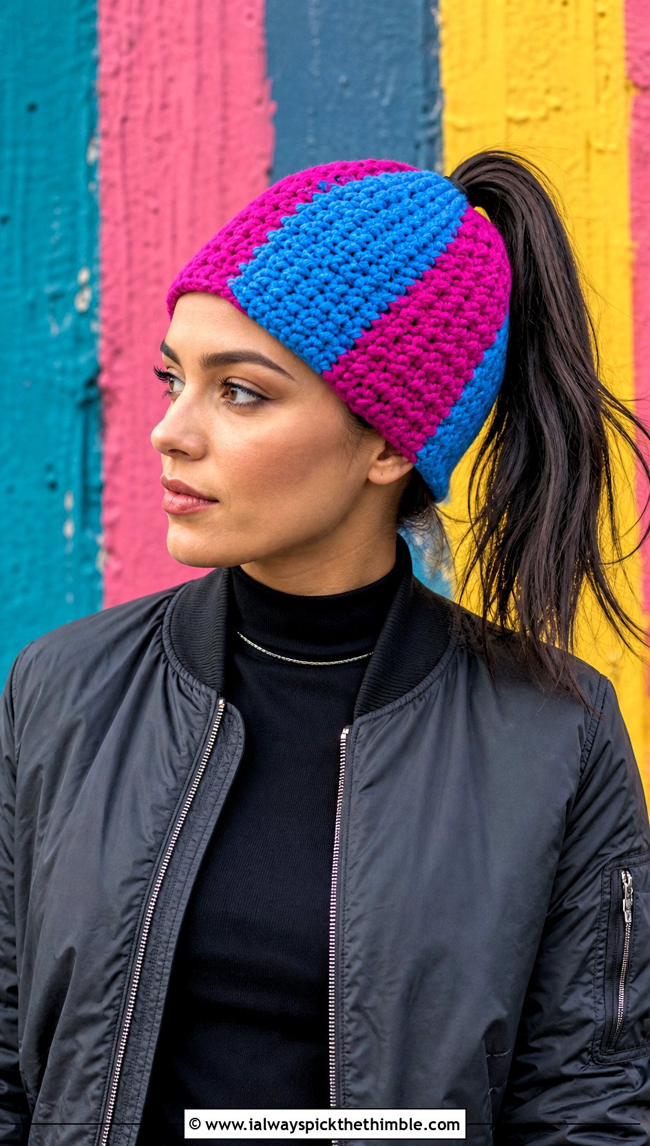 Color Block Ponytail Crochet Hat With Bomber Jacket - 20 ponytail crochet hat outfit ideas