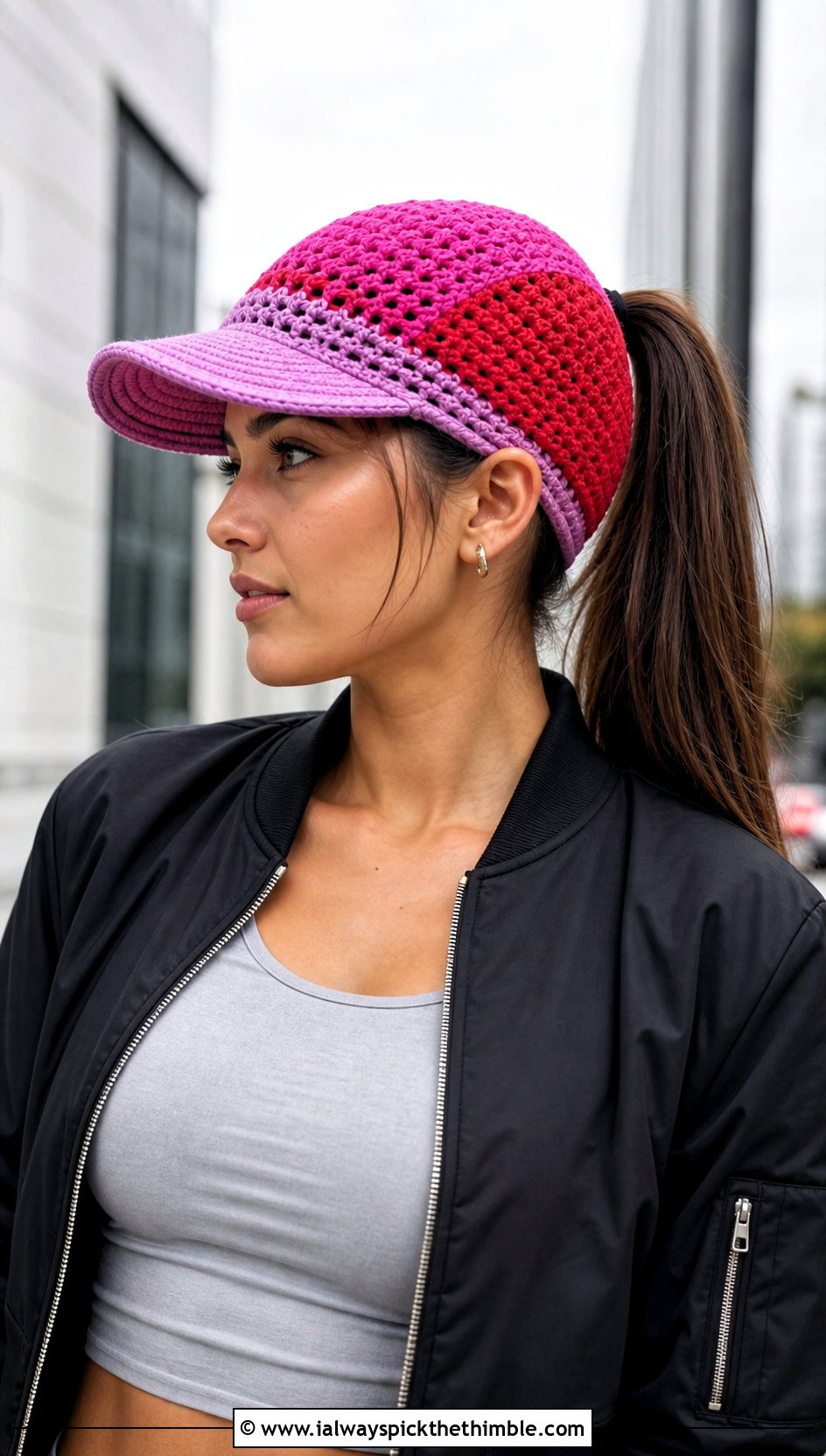Color Block Ponytail Hat With Bomber Jacket And Parachute Pants - 25 crochet bun hat outfit ideas
