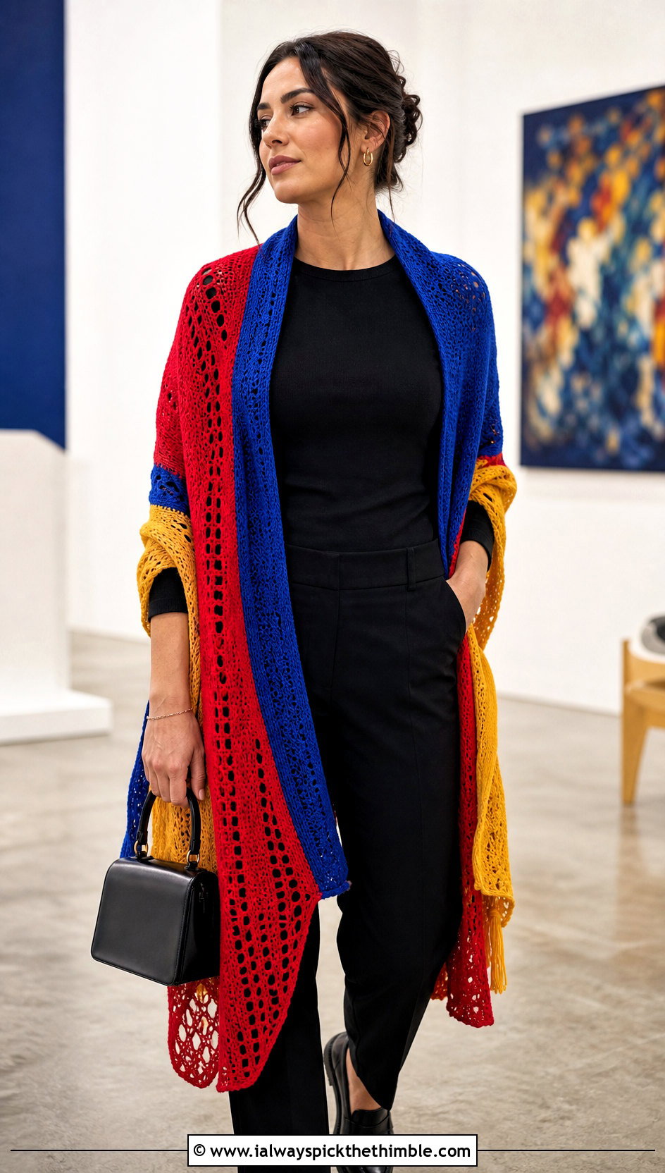 Color Block Prayer Shawl With Minimal Black Outfit - 25 easy crochet prayer shawls outfit ideas