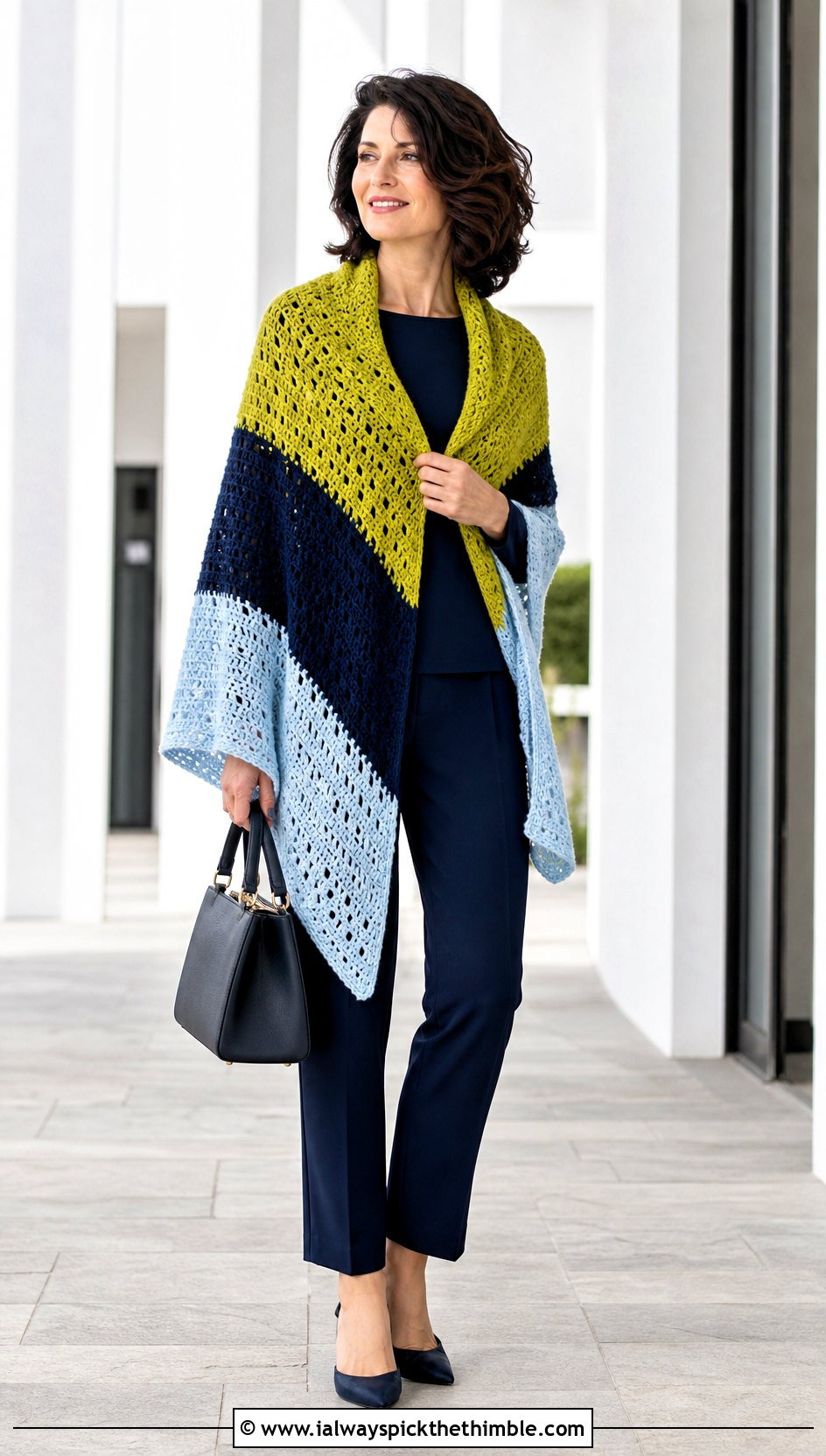 Color Block Prayer Shawl With Monochrome Outfit - 25 crochet prayer shawl outfit ideas