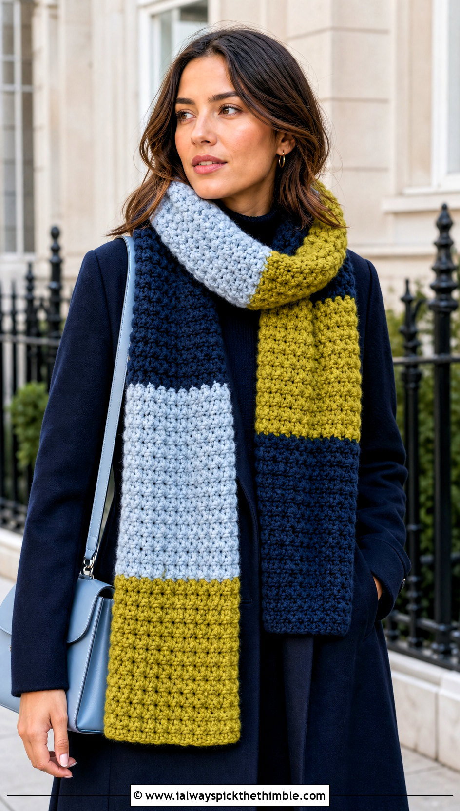 Color Block Puff Scarf With Monochrome Outfit - 15 Playful Puffs Crochet Scarf outfit ideas