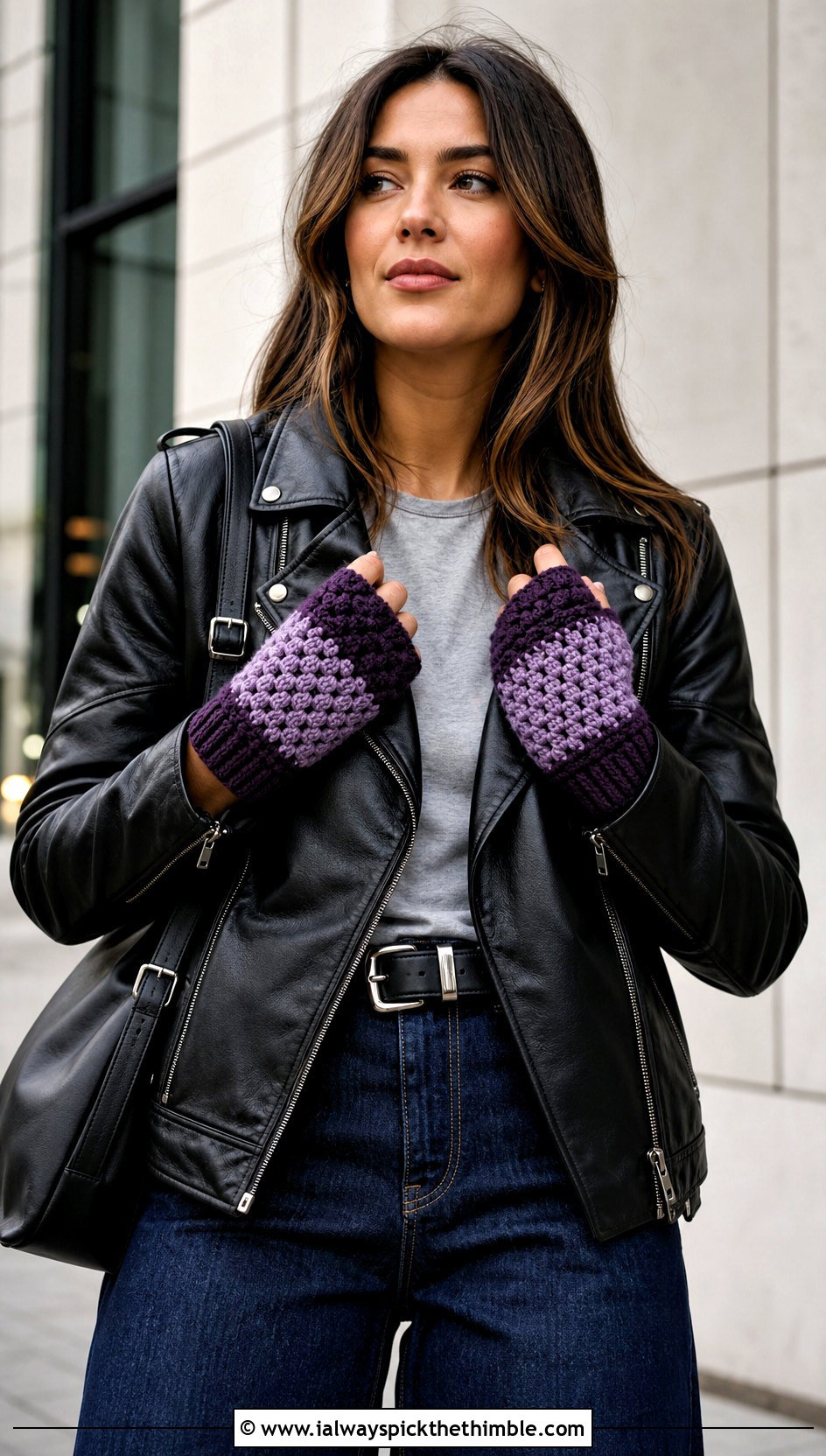 Color Block Puff Stitch Fingerless Gloves With Leather Jacket - 15 Crochet Puff Stitch Fingerless Gloves outfit ideas
