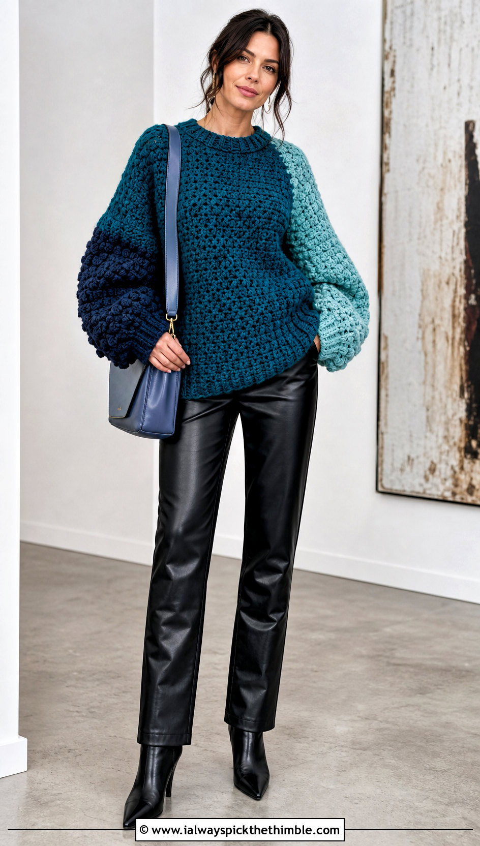 Color Block Puffy Crochet Sweater With Leather Pants - 15 Puffy Crochet Sweater outfit ideas
