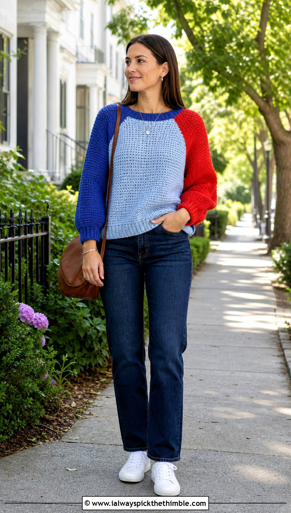 Color Block Raglan Crochet Pullover With Straight Jeans - 25 crochet pullover outfit ideas