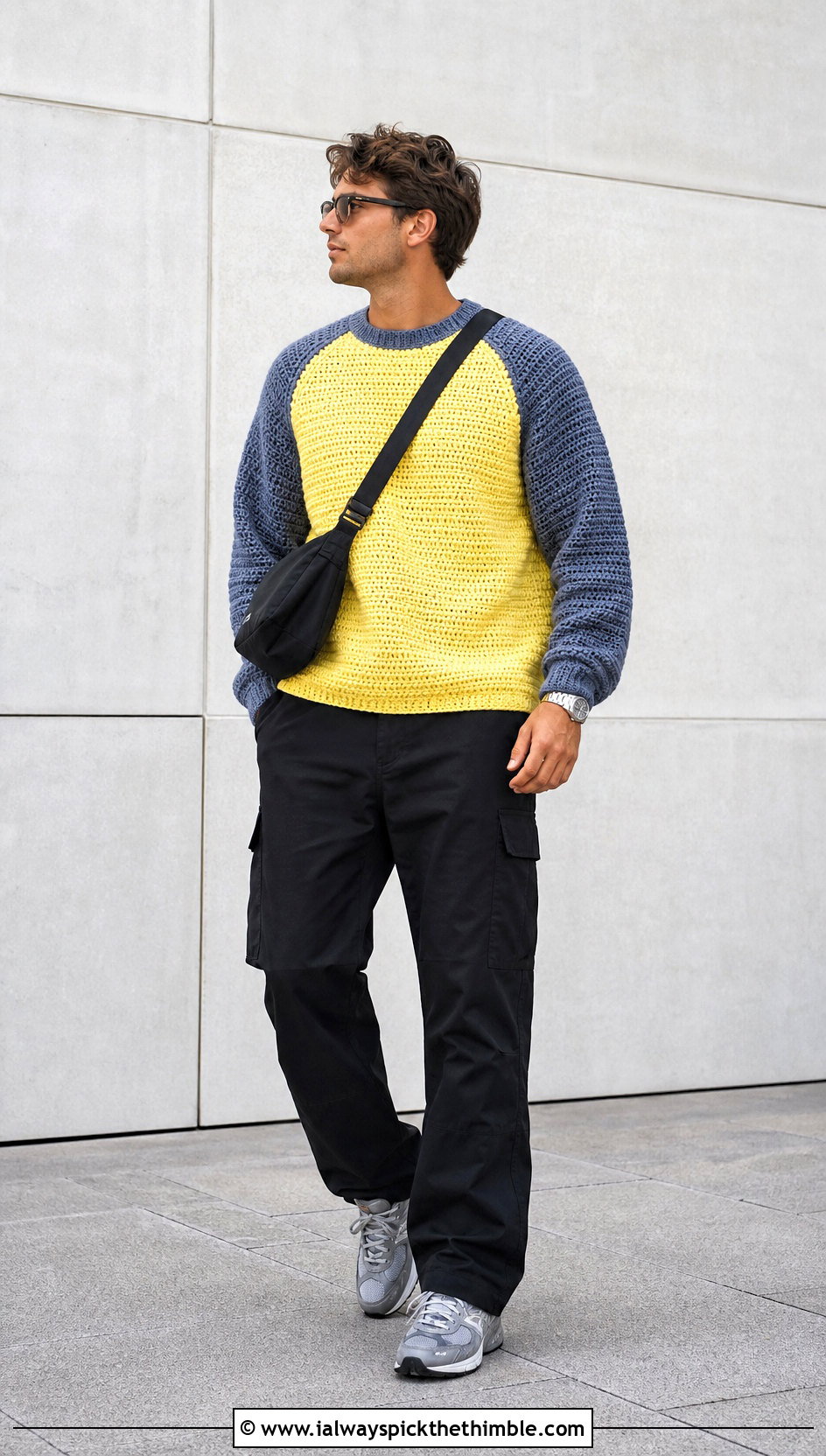 Color Block Raglan Crochet Sweater With Cargo Pants - 25 crochet man sweaters outfit ideas
