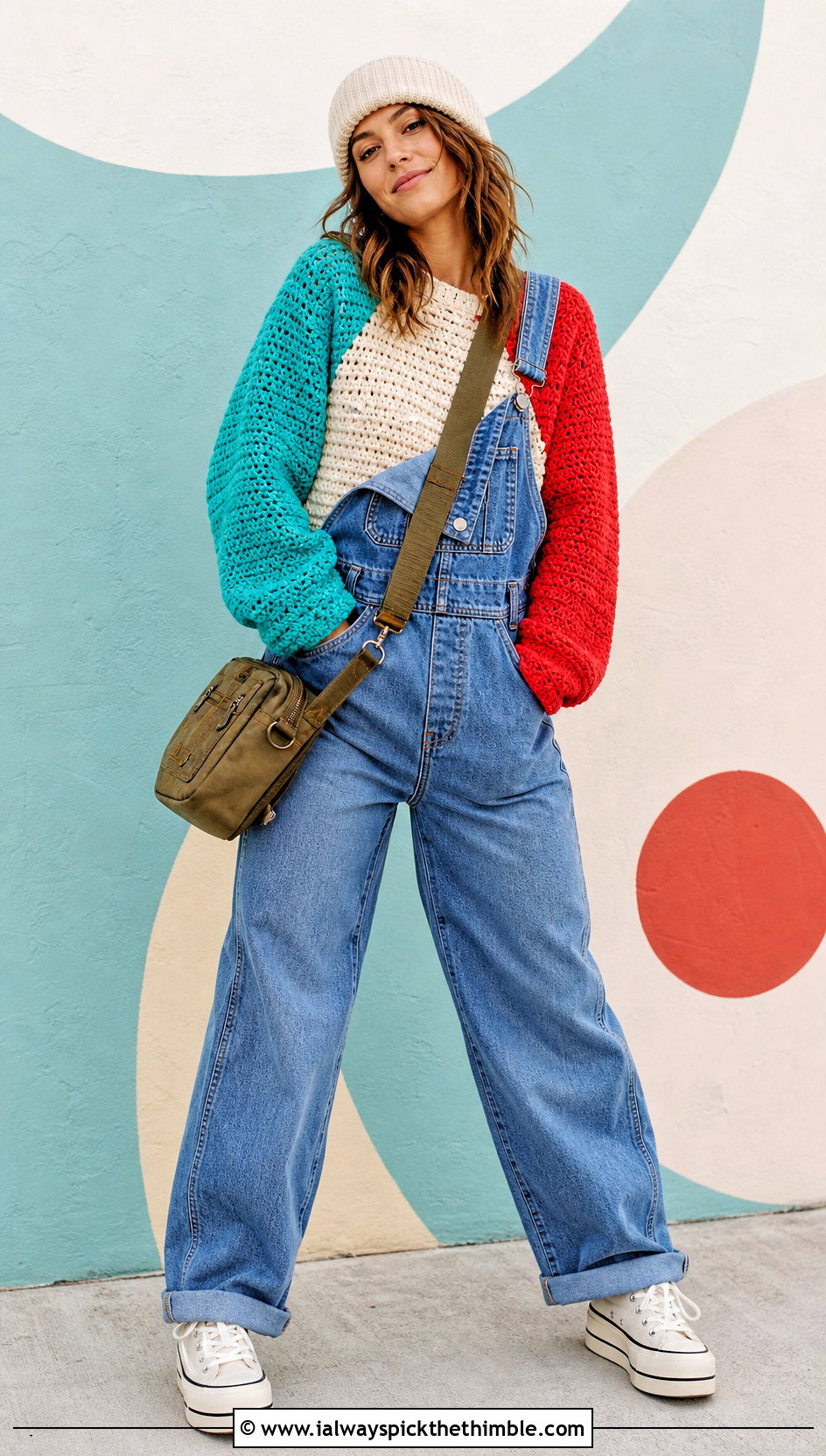 Color Block Raglan Crochet Sweater With Denim Overalls - 20 alt crochet sweater outfit ideas