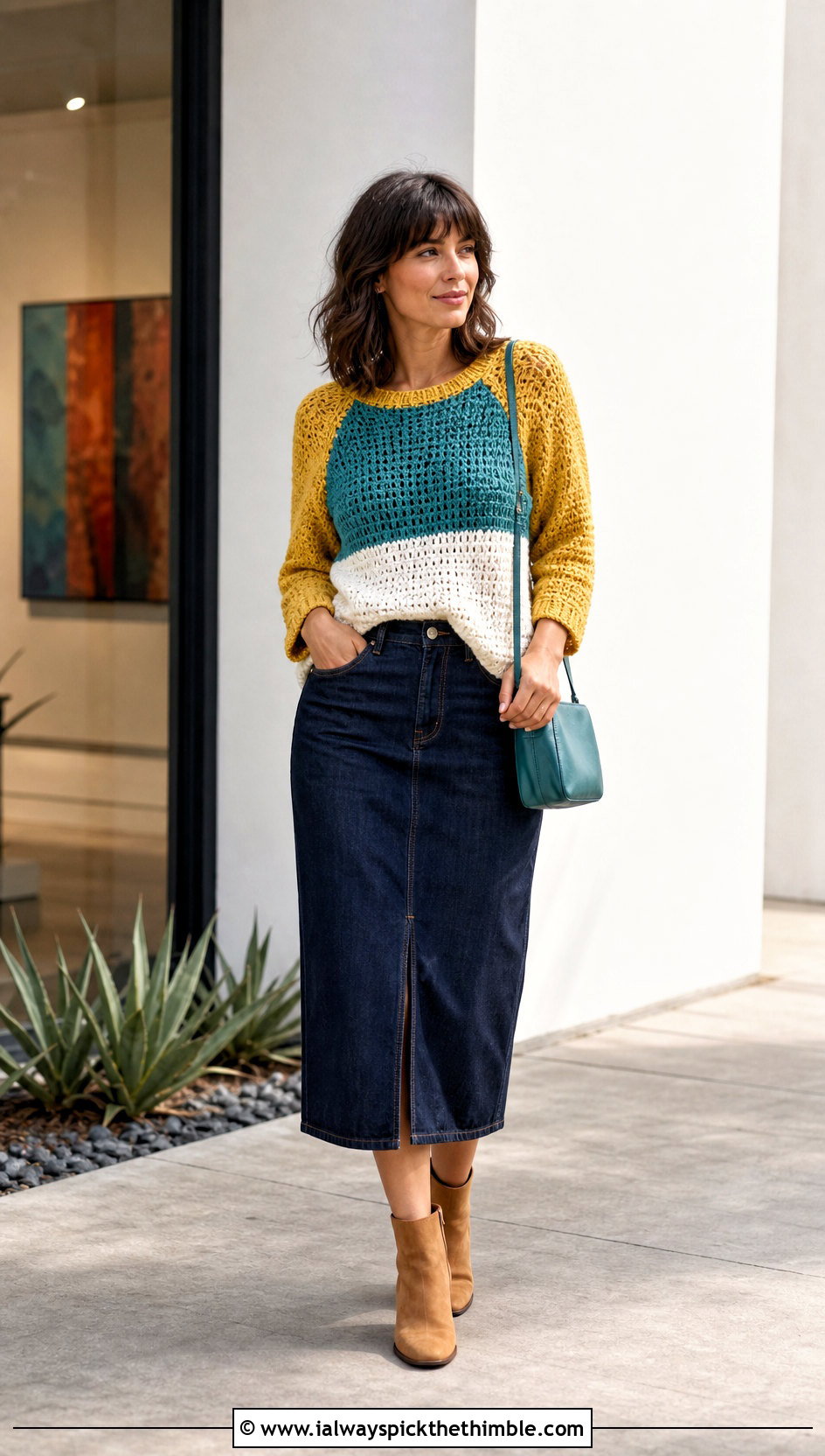 Color Block Raglan Crochet Top With Denim Skirt - 25 raglan crochet top outfit ideas