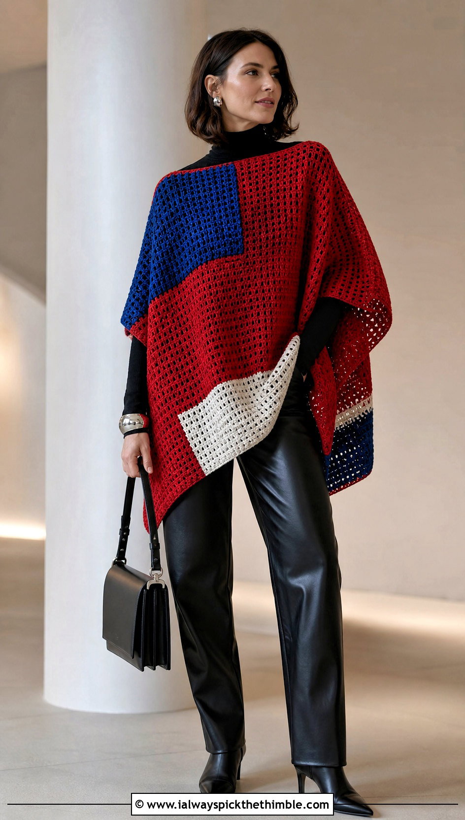 Color Block Rectangle Crochet Poncho With Leather Pants - 15 Easy Crochet Poncho From A Rectangle outfit ideas