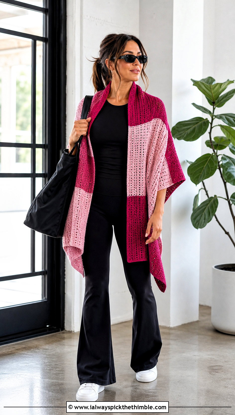 Color Block Rectangle Crochet Shawl With Athleisure - 20 Rectangle Crochet Shawl outfit ideas