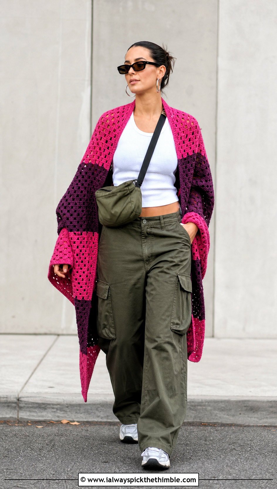 Color Block Rectangle Crochet Shawl With Cargo Pants - 25 Crochet Rectangle Shawl outfit ideas