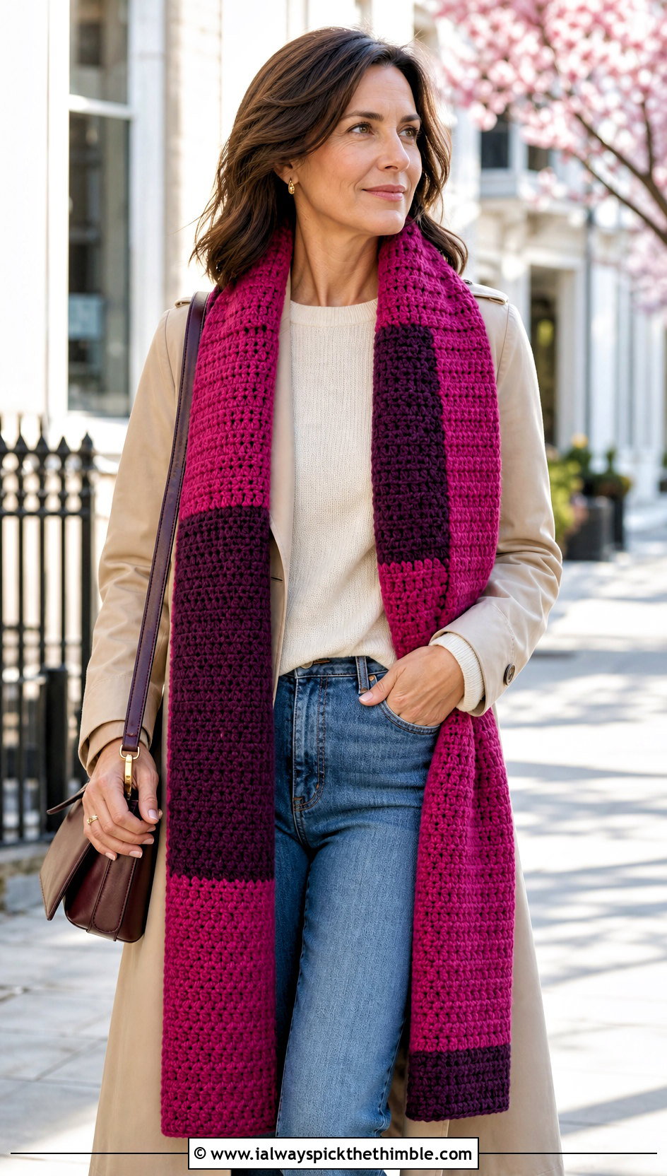 Color Block Rectangle Crochet Shawl With Trench Coat - 20 Rectangle Crochet Shawls outfit ideas