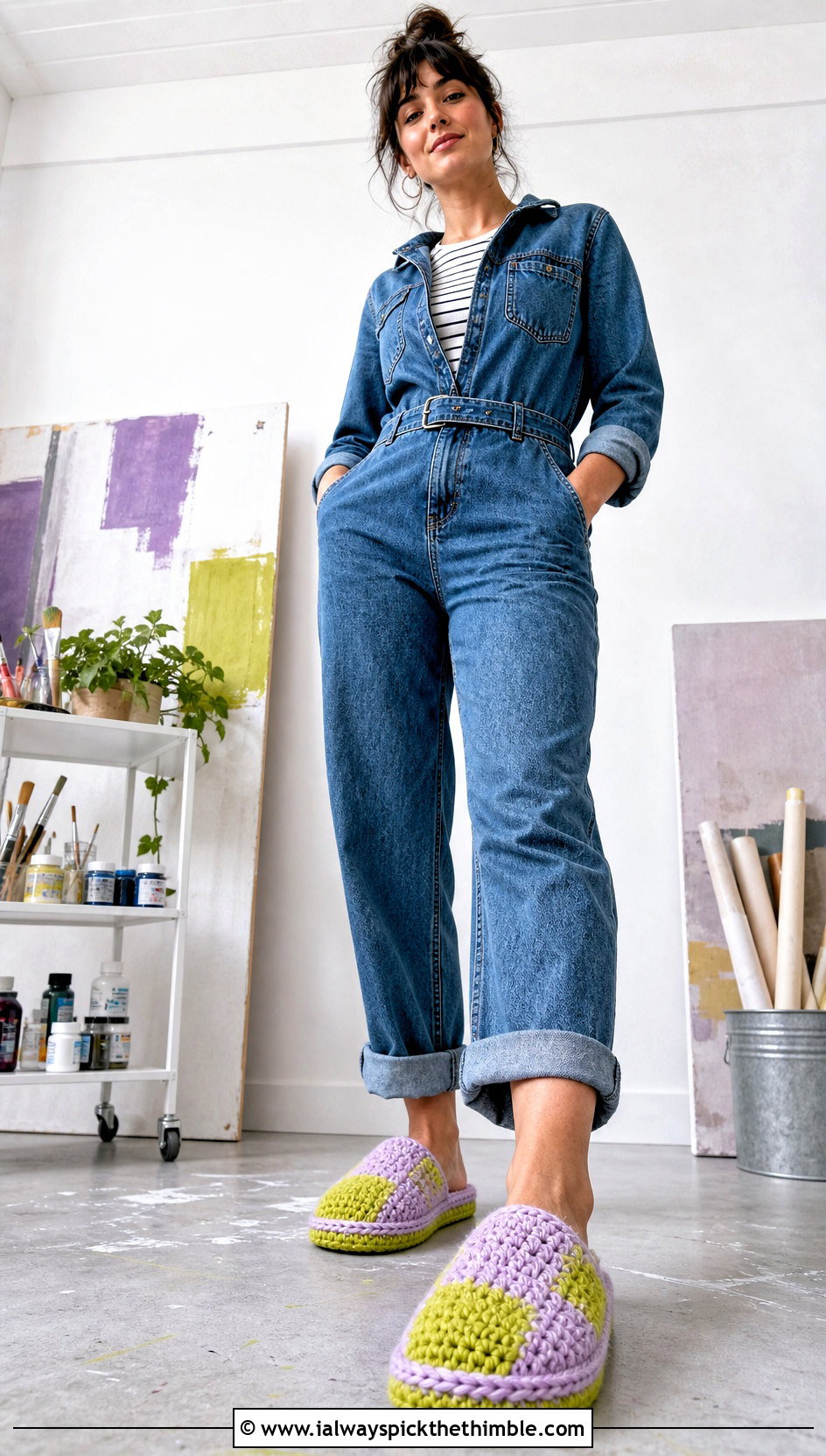 Color Block Rectangle Crochet Slippers With Denim Jumpsuit - 20 Easy Crochet Slippers From A Rectangle outfit ideas
