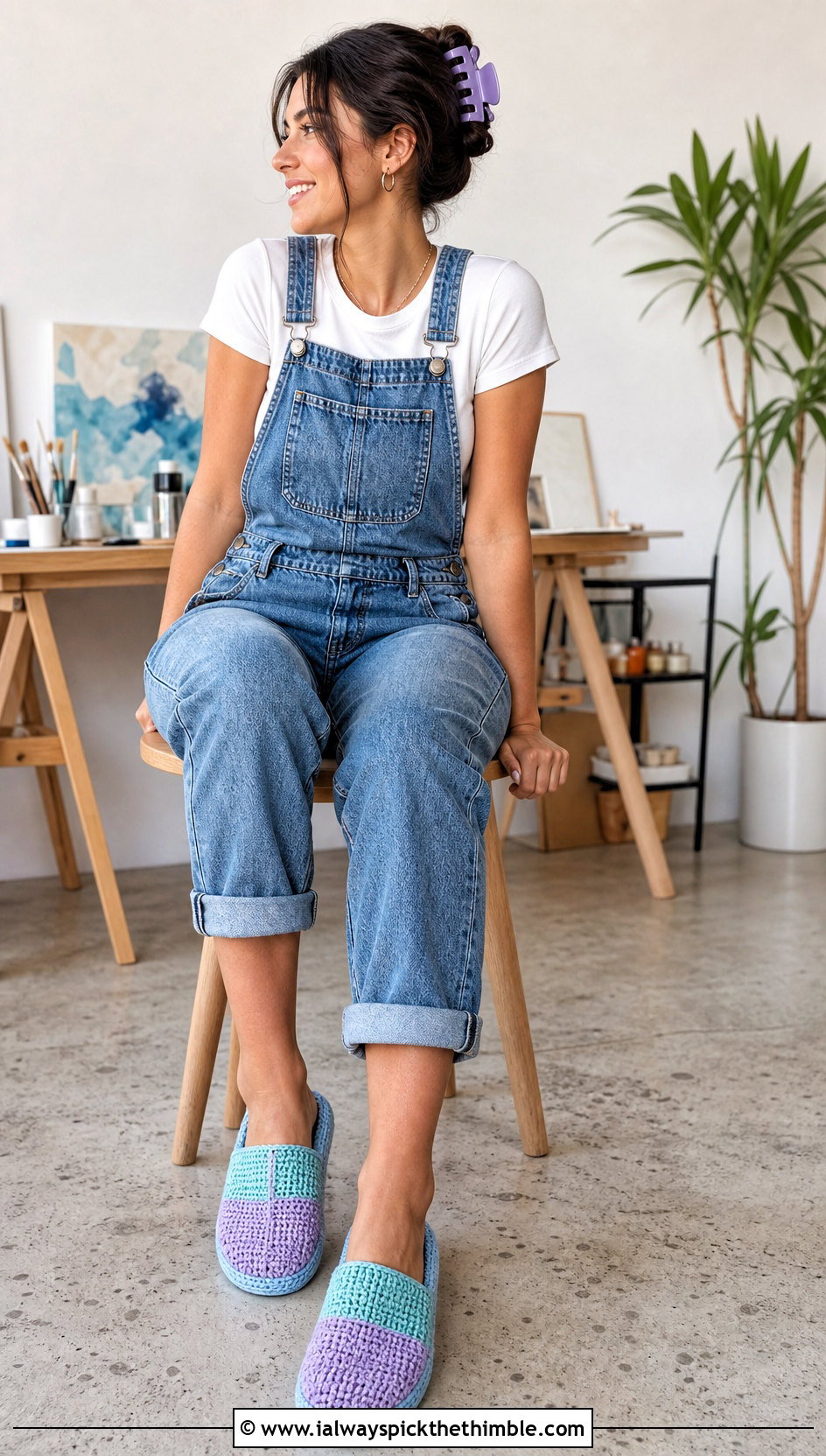 Color Block Rectangle Crochet Slippers With Denim Overalls - 15 Crochet Slipper From Rectangle outfit ideas
